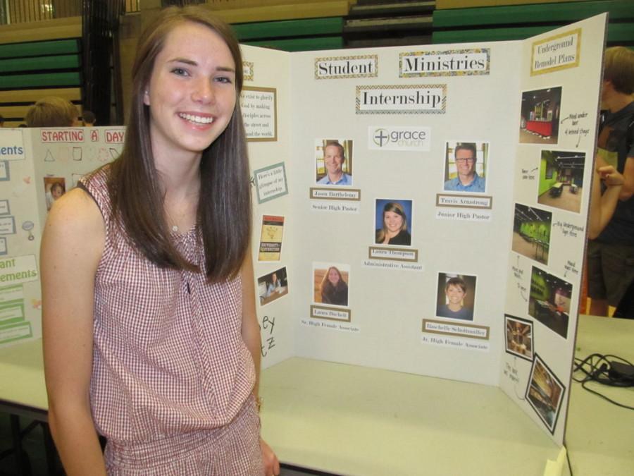 Current+EHS+seniors+who+participated+in+May+Term+recently+presented+their+work.+Abbey+Schmitz+is+shown+presenting+her+work+centered+on+Student+Ministry.+