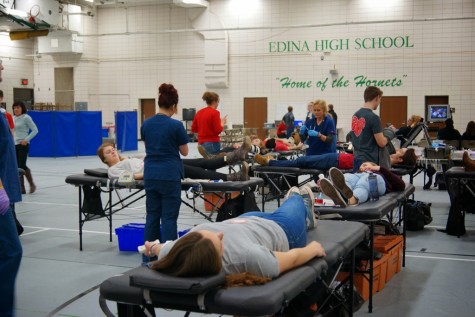 Students gave blood in the field house. 
