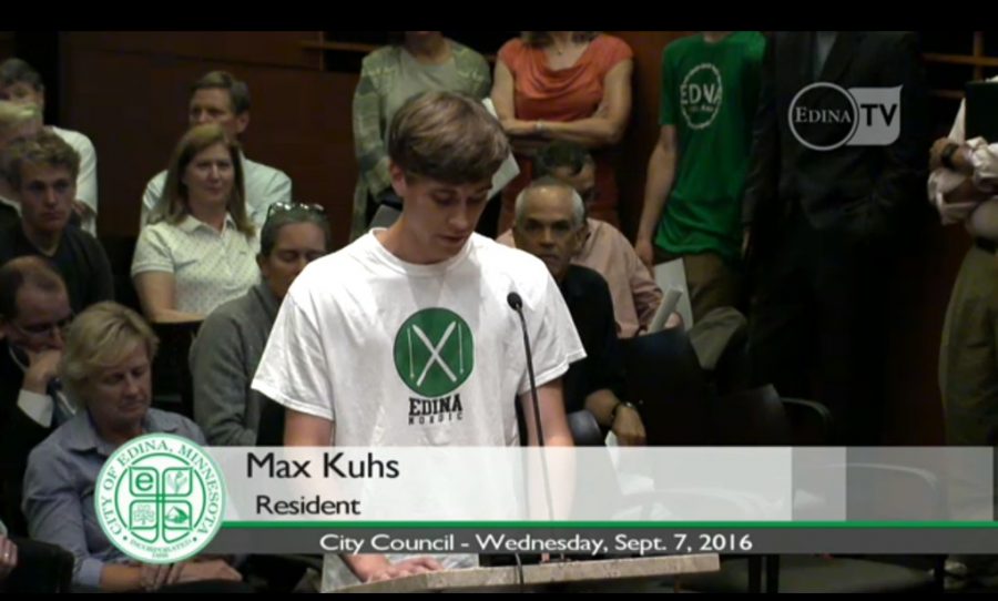 Senior, Max Kuhs at city council meeting