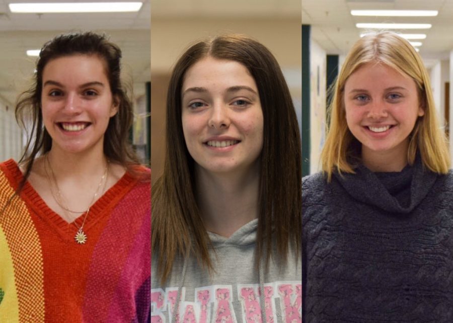 Seniors Laura Schroeder (left), Masha Feldman (middle), and Maggie Hogan (right) will be spending the next year in Brazil, Australia, and Belgium, respectively.