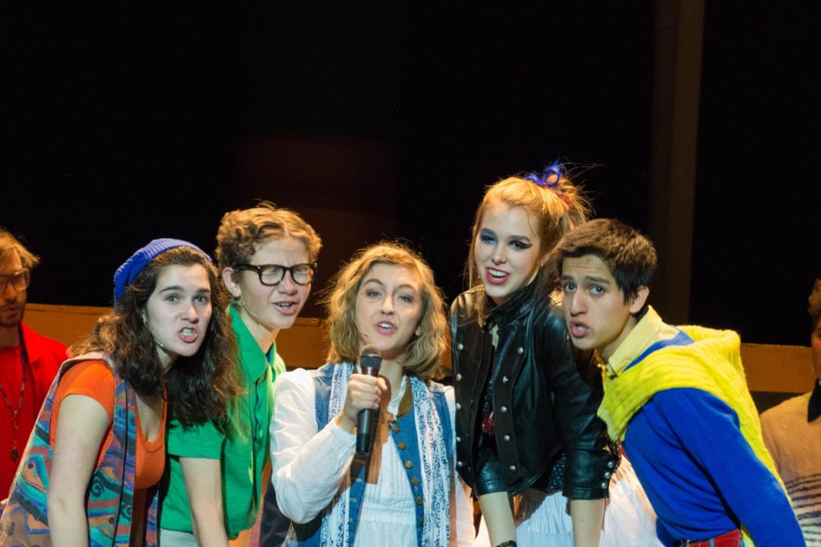 From left to right, junior Lily Randall, junior Joey Deegan, senior Emily Rice-Slothower, junior Carmen Wesselman, and junior Cris Sanchez-Carrera in EHSs spring production of Heathers: the Musical.