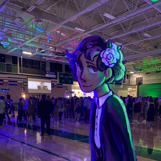 Combined photo and illustration of a freshman at homecoming. By Anna Fiddelke and Iris Libson.
