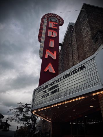 Photos of the newly reopened Edina Theatre, spaces include the gold bar themed upstairs, and the retro neon light throughout the theatre. 