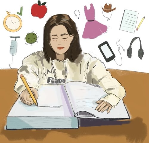 Drawn By: Claire Chen. A student is seated at a desk.