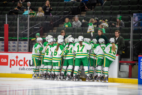 The Edina Girls Hockey team huddle up as they prepare to take the ice.