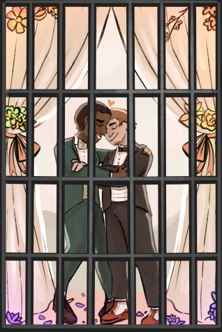 Gay Marriage with jail bars in front of men. 