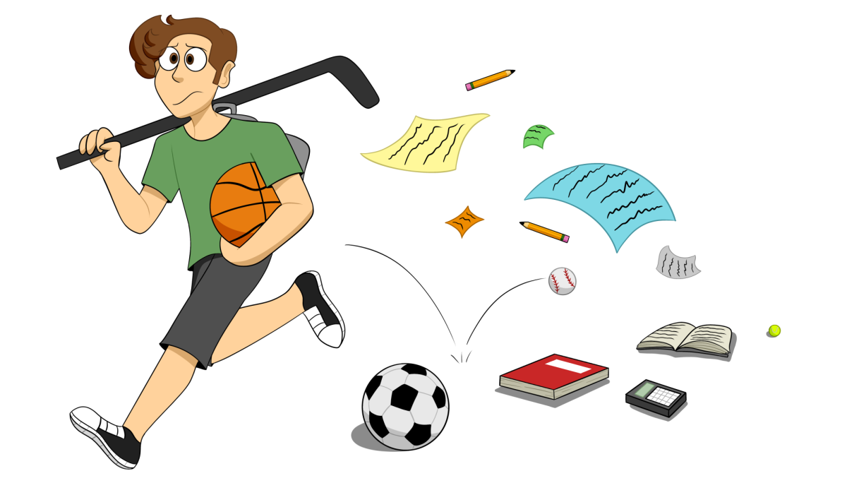 A student running in a hurry while dropping sports equipment and school supplies.