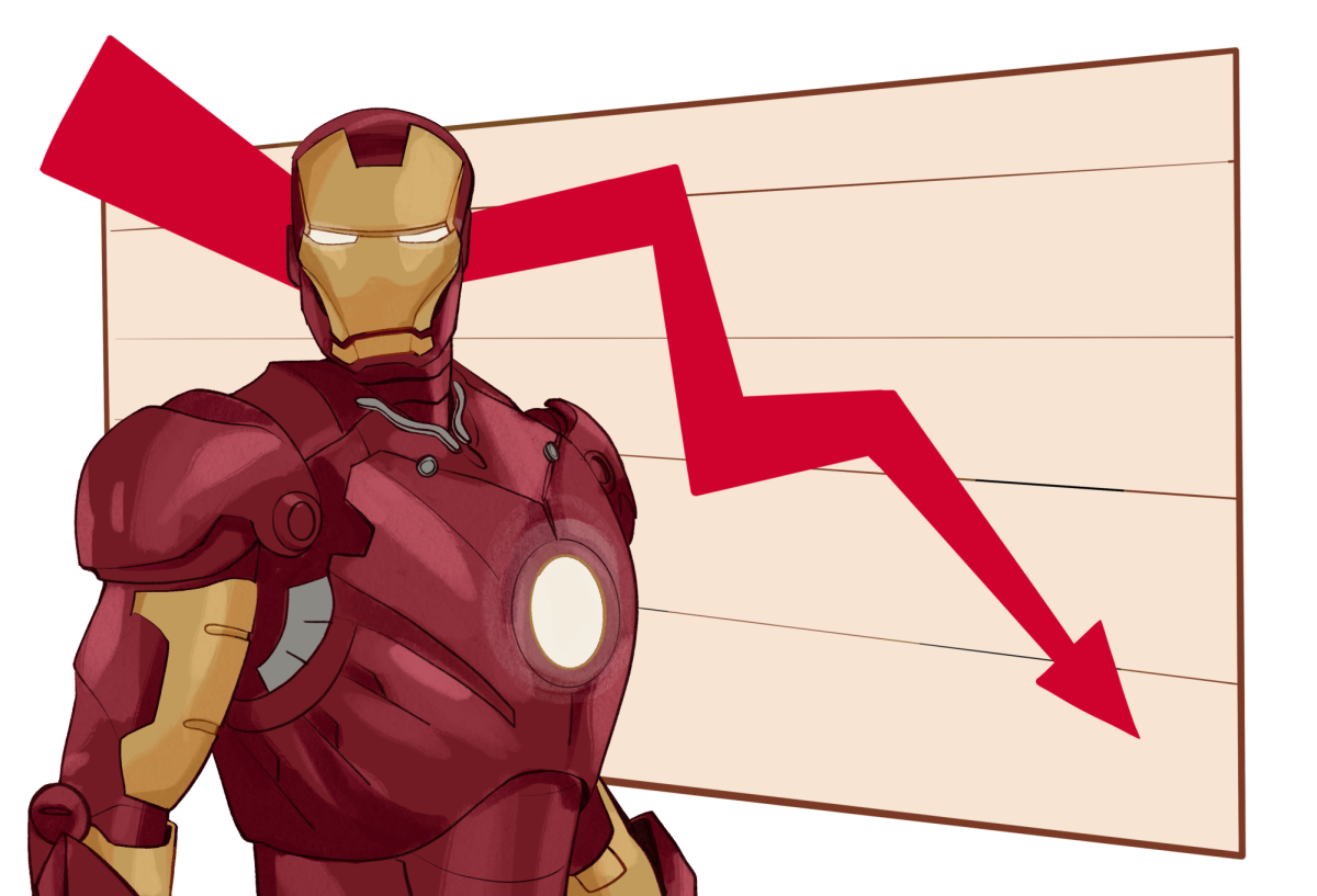 Iron Man standing in front of a downward graph to show the decrease in Marvels profit.