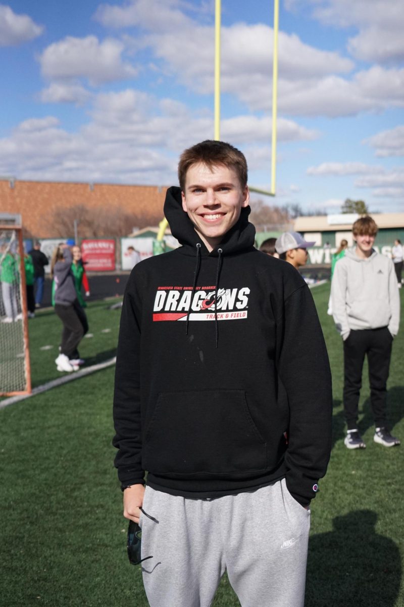 Senior Tate Rasmussen at the first Track and Field meet of the season. Rasmussen placed first in the varsity High Jump competition with a height of six feet and two inches. 