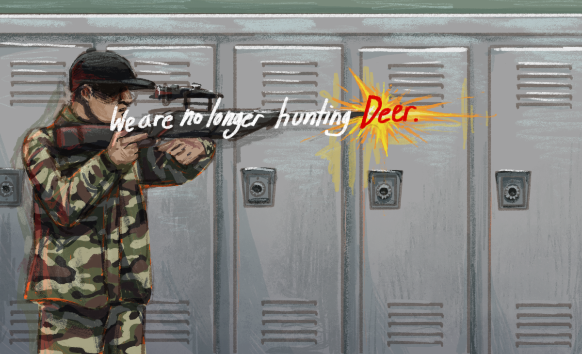 An art piece depicts a man shooting a rifle in front of a group of lockers with the words "We are no longer hunting deer". As a criticism of current gun laws and the argument for widespread gun accessibility. 