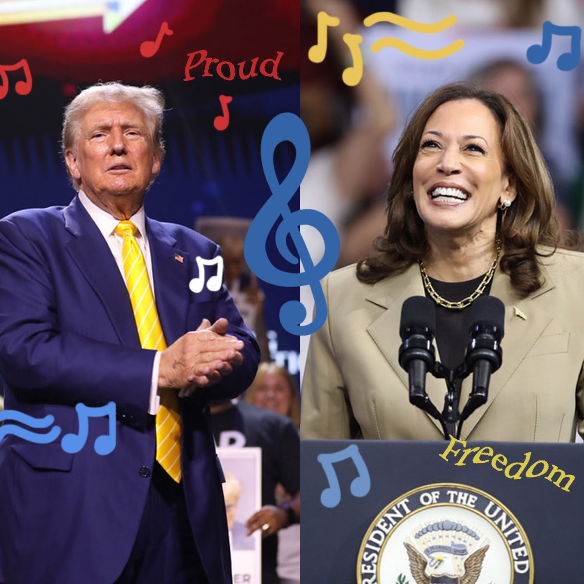 Presidential candidates Donald Trump and Kamala Harris have utilized
songs to communicate on-brand messages at their rallies and throughout
their campaigns. Photos courtesy of Gage Skidmore. 