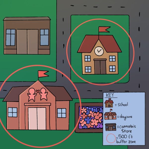 A map shows the 500 feet buffer zone between cannabis stores, schools and daycares.