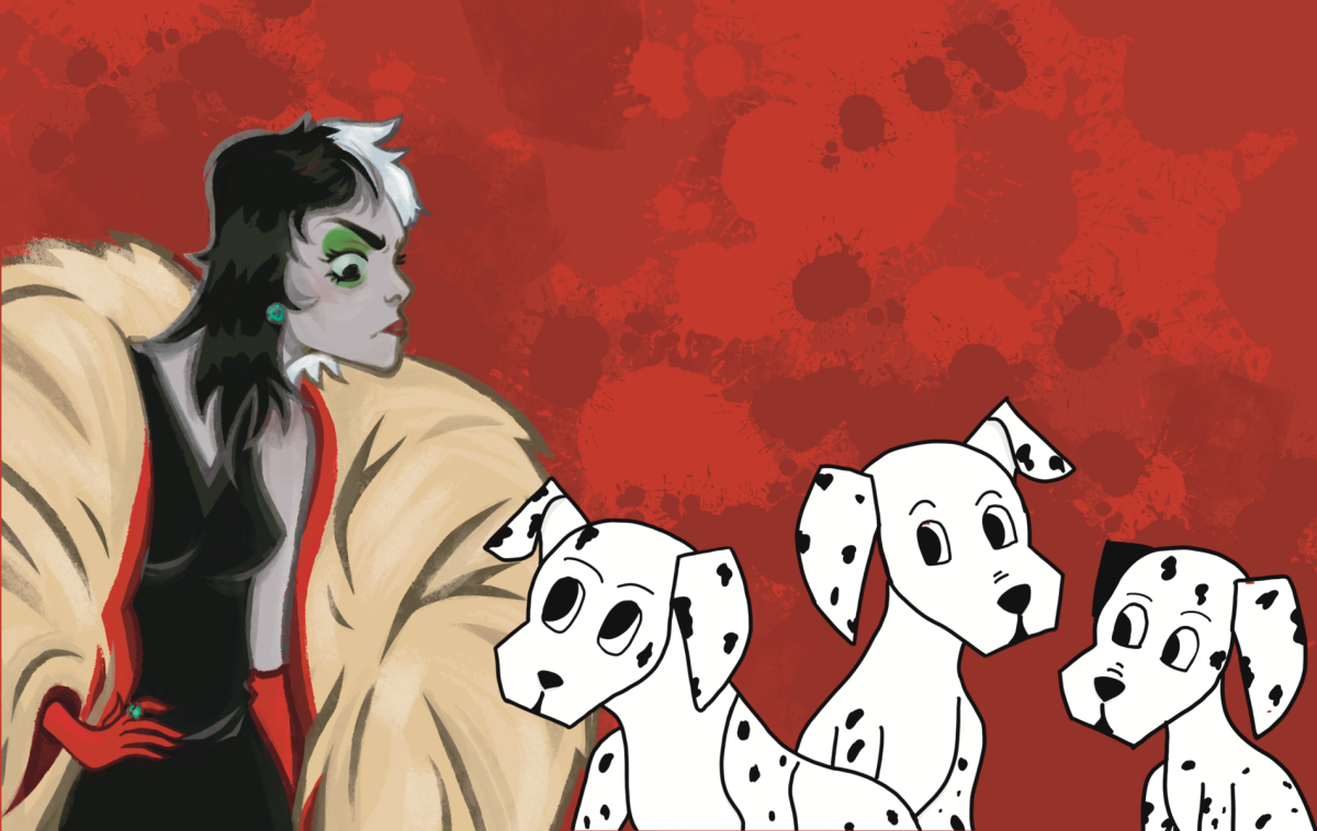 A realistic Cruella peers out at her cartoon counterparts.