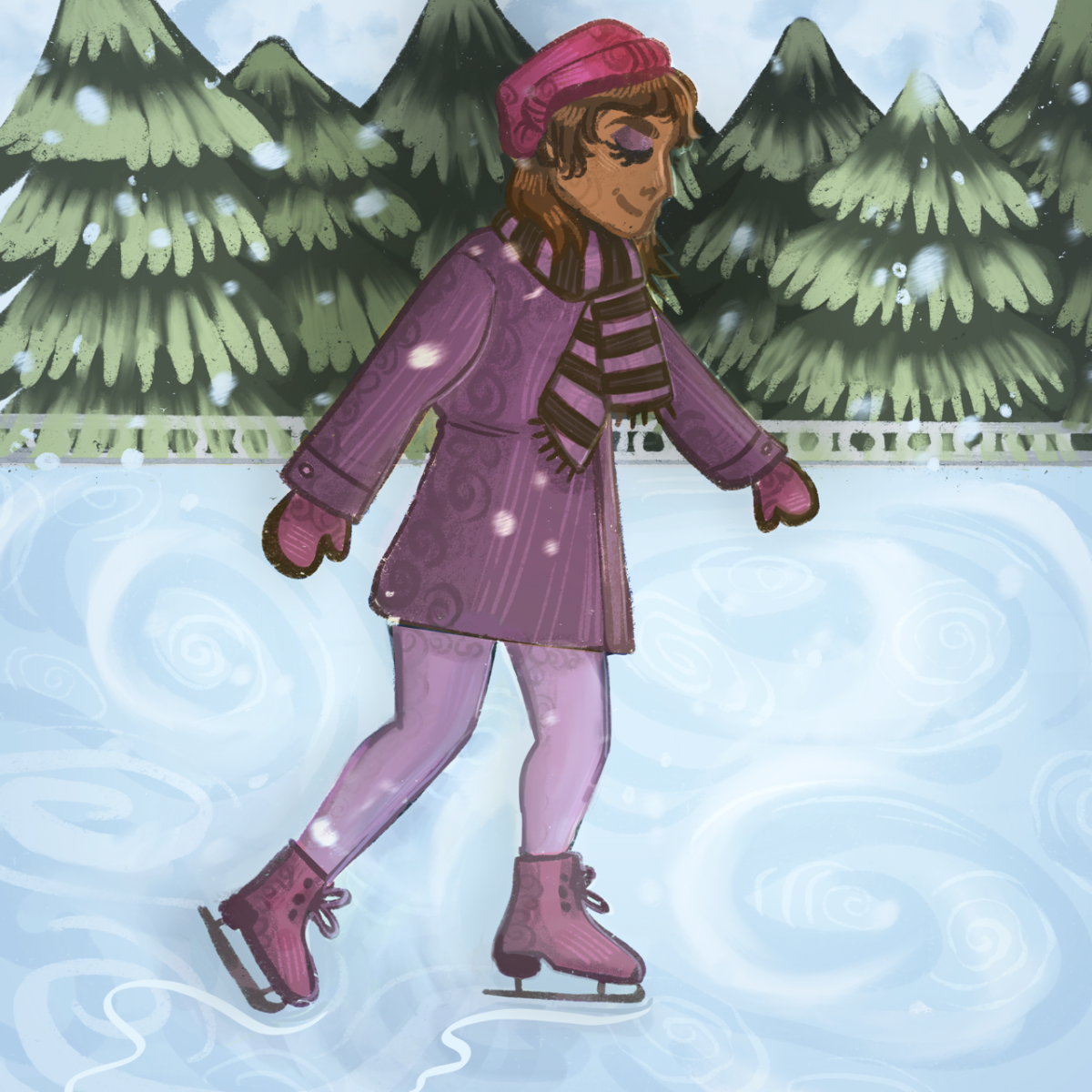 A girl is pictured skating in the snow at a local ice rink. 