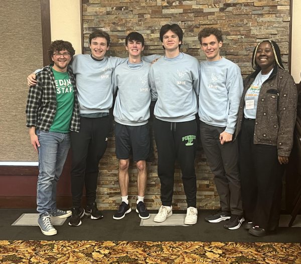 Edina’s knowledge bowl team—advisor Mr. Ward, Beckett Pursey, Jack O Brien, Jo Adam, Aidan Sneller, and advisor Ms. Banjoko (left to right)—win with a score of 143.5. Courtesy of Jack O'Brien.