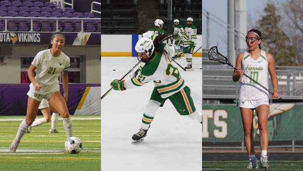 Idrogo Lam is a varsity captain for the girls' soccer, hockey, and lacrosse teams. Middle photo courtesy of Miranda Almen.